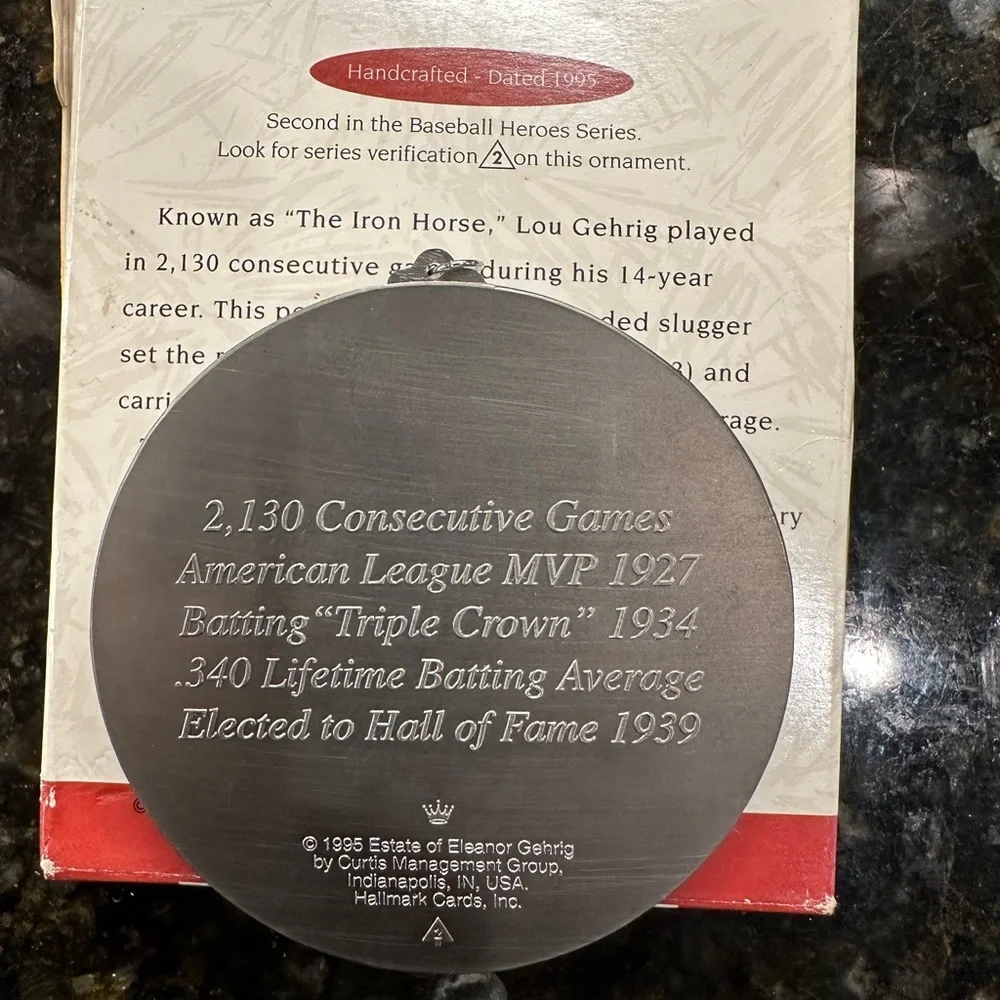Vintage Hallmark Lou‎ Gehrig Baseball Heroes Collector's Series Ornament - 1995